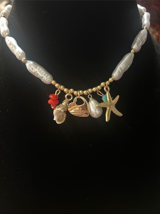 custom Design Jewelry - Gold & White Pearl Charm Necklace with Turquoise and Coral Accents